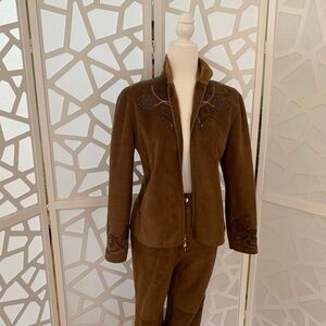 St. John Brown Embroidered faux suede Blazer and high waisted pants.